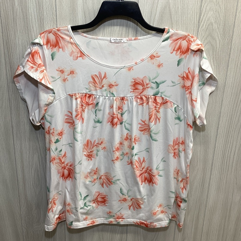 EKOUAER Women's (Size XL) Short Sleeve Round Neck Floral Shirt Polyester Stretch